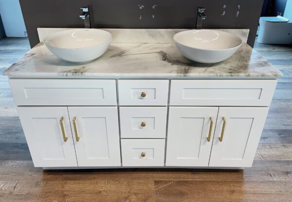 VSD5920-1500-white-marble-scaled-1.jpg White marble double sink vanity with gold handles on wooden floor.