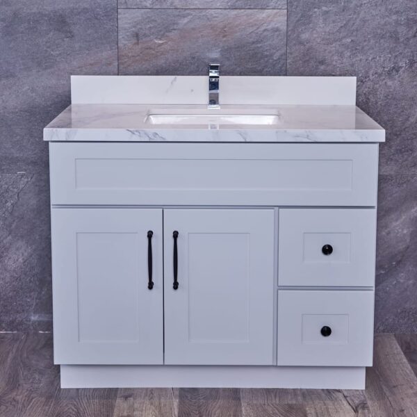WSLG-3V3920DR-1.jpg White bathroom vanity with marble countertop and modern faucet.