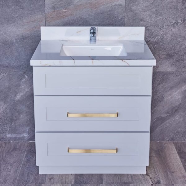 WSLG-3VDB3020-32.5-1-1.jpg Modern bathroom vanity with marble countertop and gray tile wall.