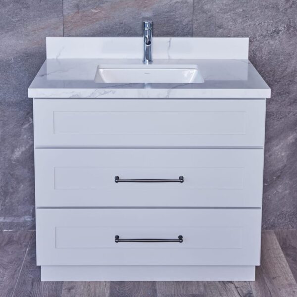 WSLG-3VDB3620-32.5-1-2.jpg White bathroom vanity with marble countertop and two drawers.