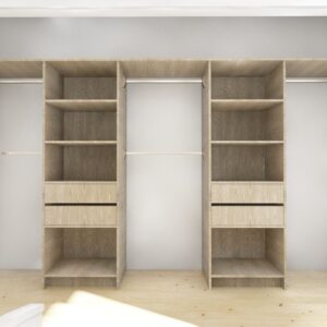 Spacious wooden wardrobe with shelves and hanging rods.