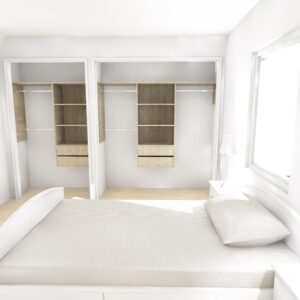 Bedroom with open wardrobes and a bed.