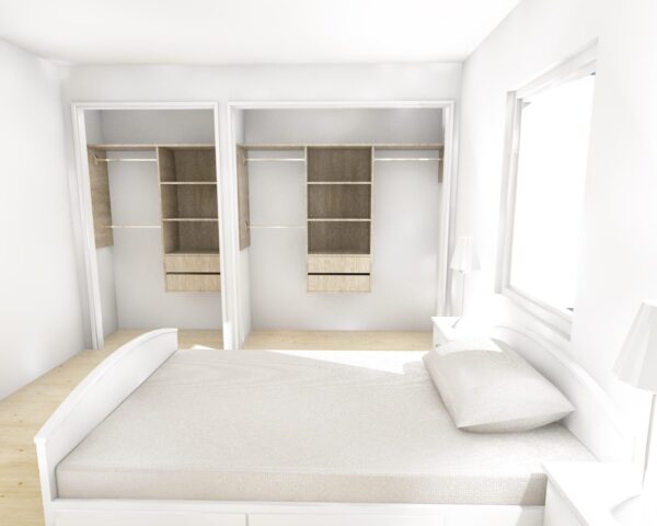 Bedroom with open wardrobes and a bed.