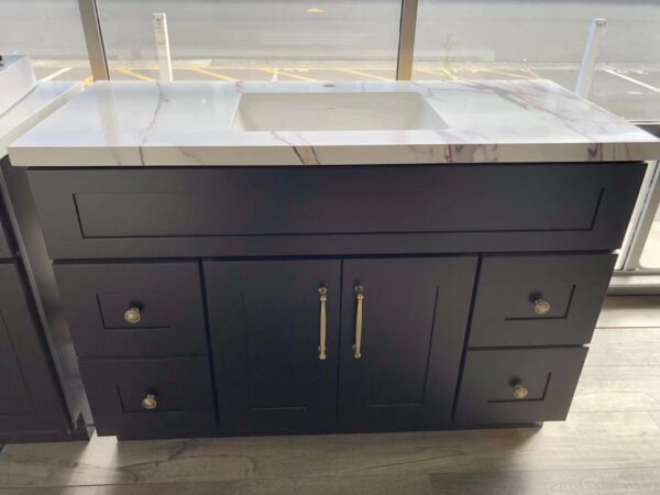 WeChat-Image_20220318111929.jpg Black bathroom vanity with marble countertop in showroom.