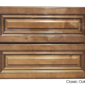 Classic oak vanity with two paneled drawers.