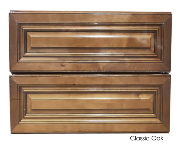 Classic oak vanity with two paneled drawers.