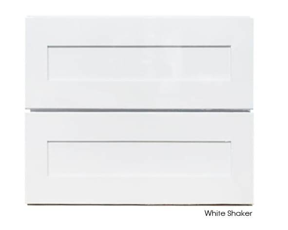 White shaker style vanity cabinet with two drawers.