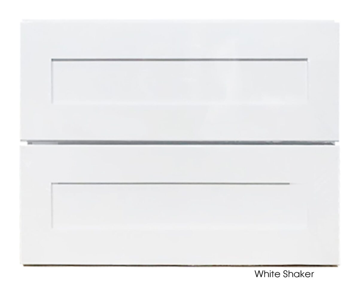 White shaker vanity cabinet with two drawers.
