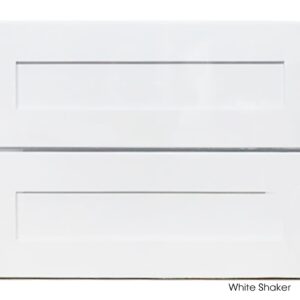 White shaker vanity cabinet with two drawers.