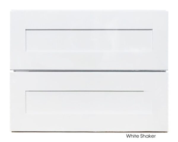 White shaker vanity cabinet with two drawers.