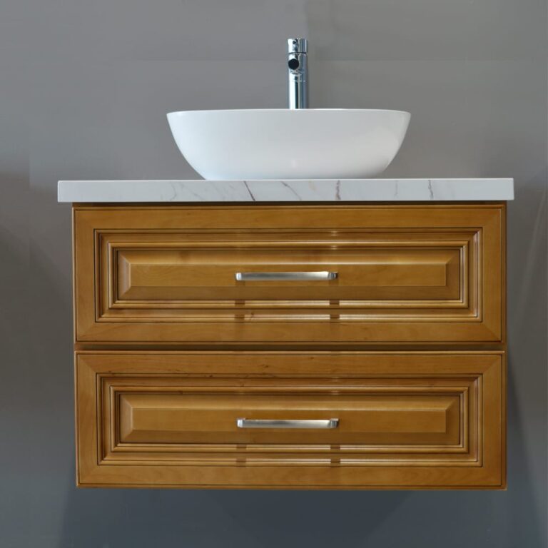 Wooden wall-mounted vanity with white sink and chrome faucet.