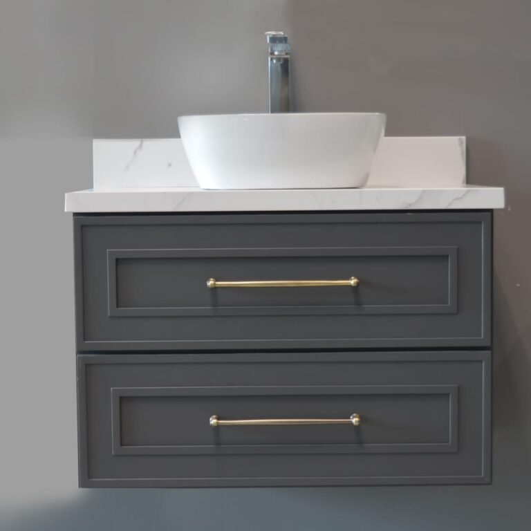 Modern wall-mounted vanity with white basin and gray drawers.