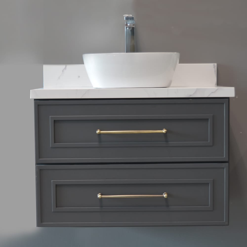 Modern wall-mounted vanity with white basin and gray drawers.