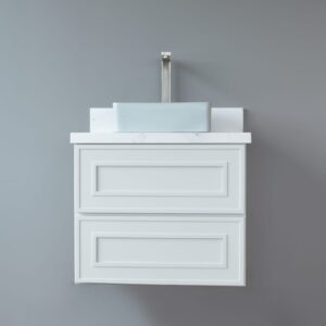 White wall-mounted vanity with two drawers and a modern sink.