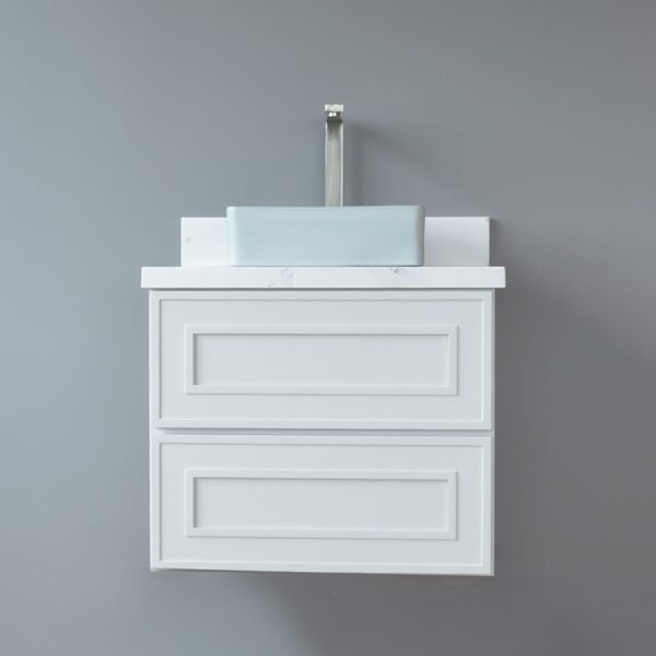 White wall-mounted vanity with two drawers and a modern sink.