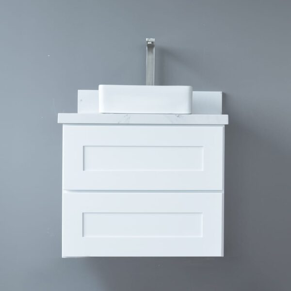 White wall-mounted vanity with two drawers against a gray background.