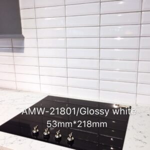 Glossy white kitchen tiles with stovetop, AMW-21801, 53mm x 218mm.