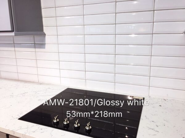 Glossy white kitchen tiles with stovetop, AMW-21801, 53mm x 218mm.