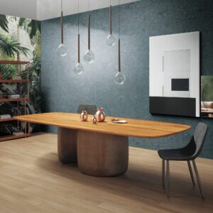 Modern dining room with wooden table and pendant lights.