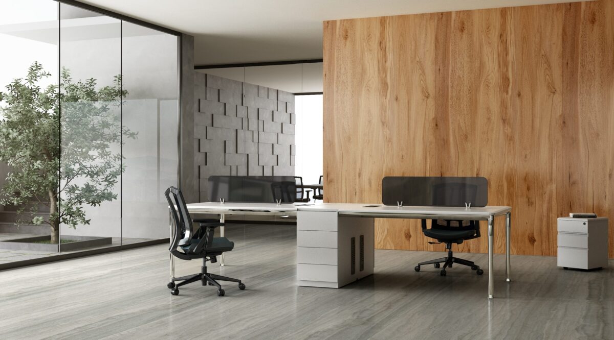 Modern office with wooden accents and ergonomic chairs.