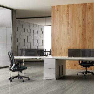 Modern office with wooden accents and ergonomic chairs.