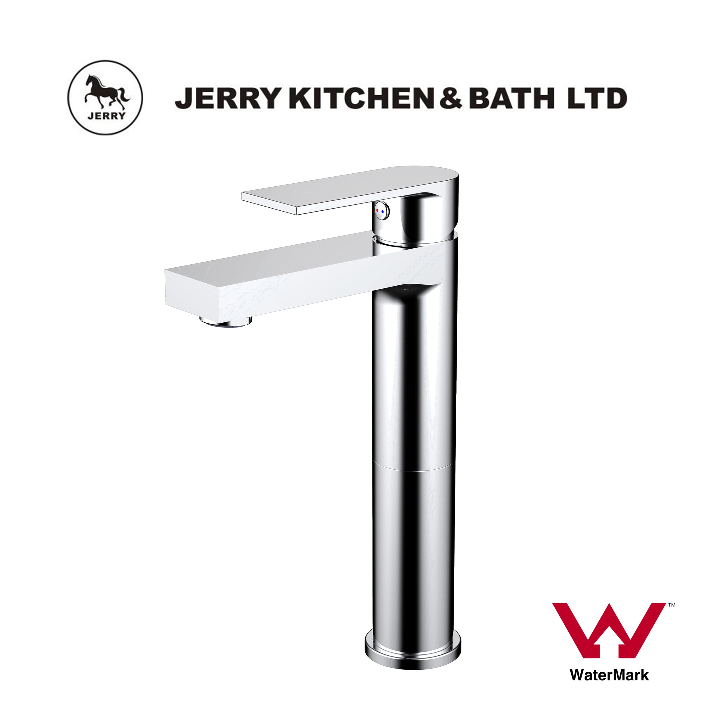 Modern chrome faucet by Jerry Kitchen & Bath Ltd with WaterMark certification.