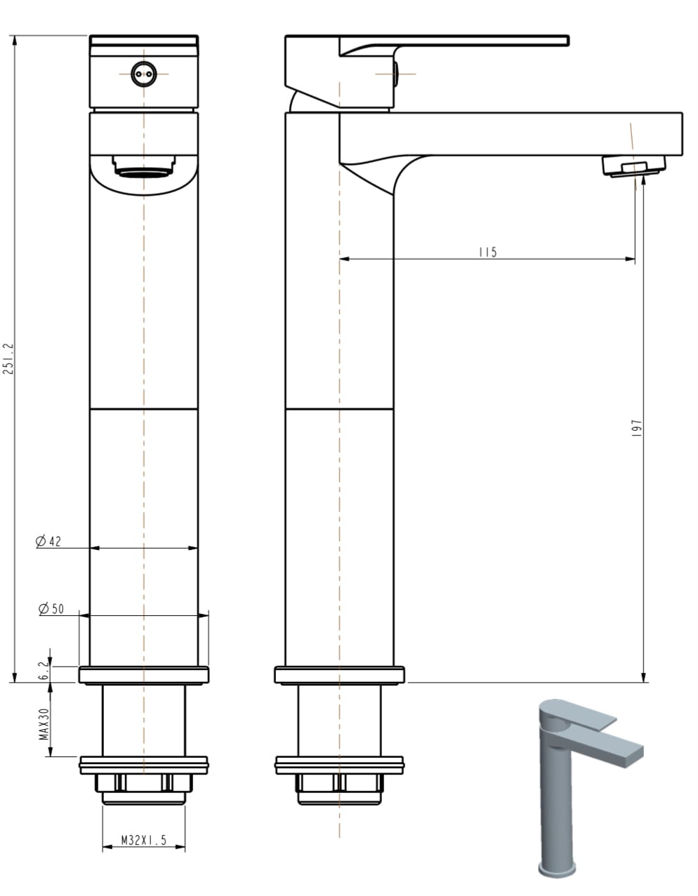 Technical drawing of a kitchen faucet with dimensions.