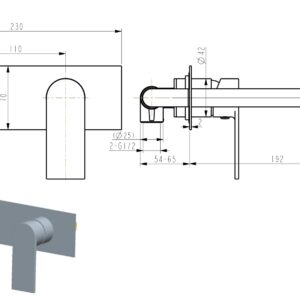 Wall-mounted faucet technical drawing with dimensions.