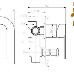 Technical drawing of a wall-mounted shower mixer with dimensions.