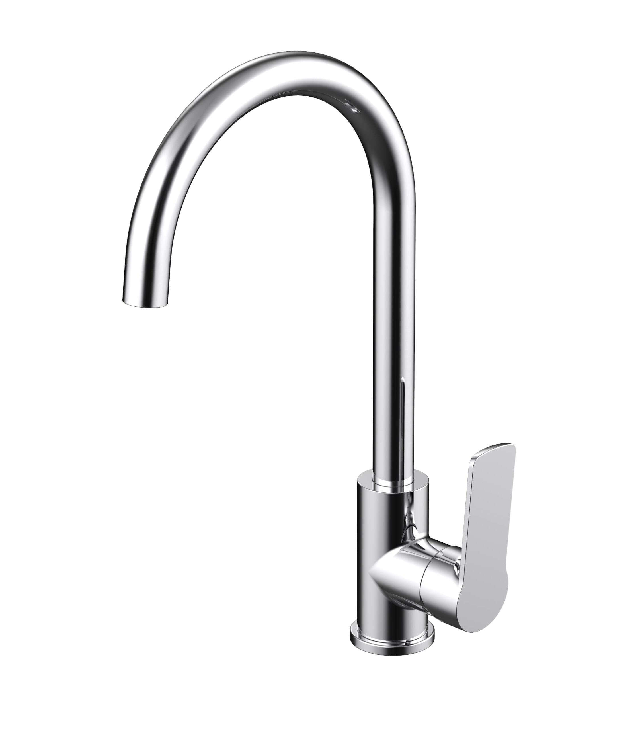 Modern chrome kitchen faucet with a sleek, curved spout design.