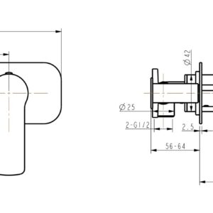 Technical drawing of a wall-mounted faucet with dimensions.