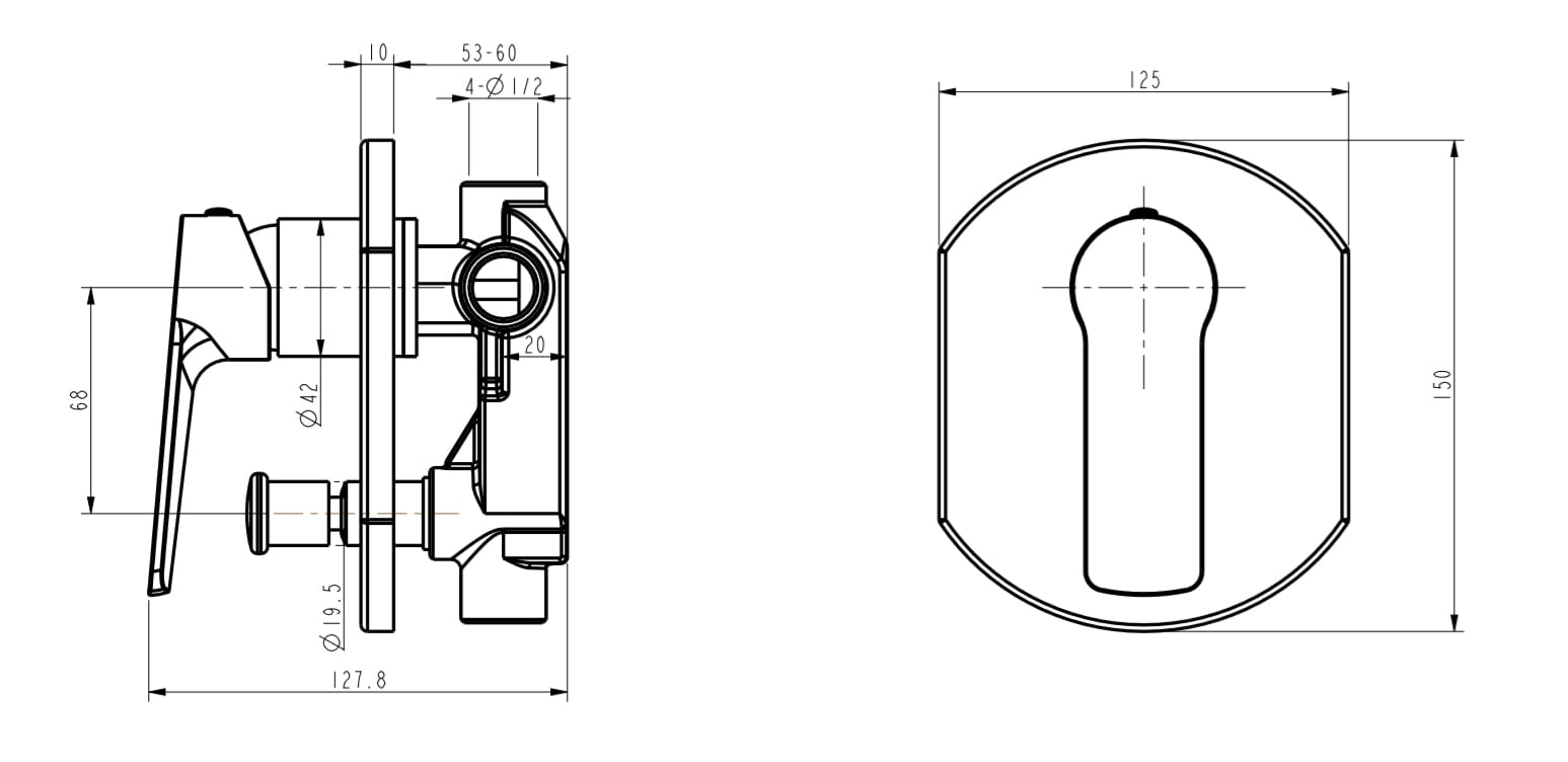 Technical drawing of a shower mixer with dimensions and specifications.