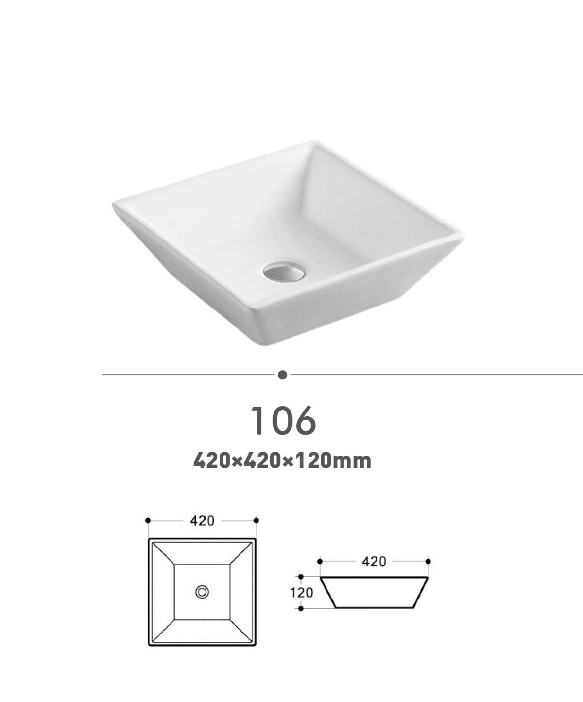 Square white sink with dimensions 420x420x120mm, top and side views shown.
