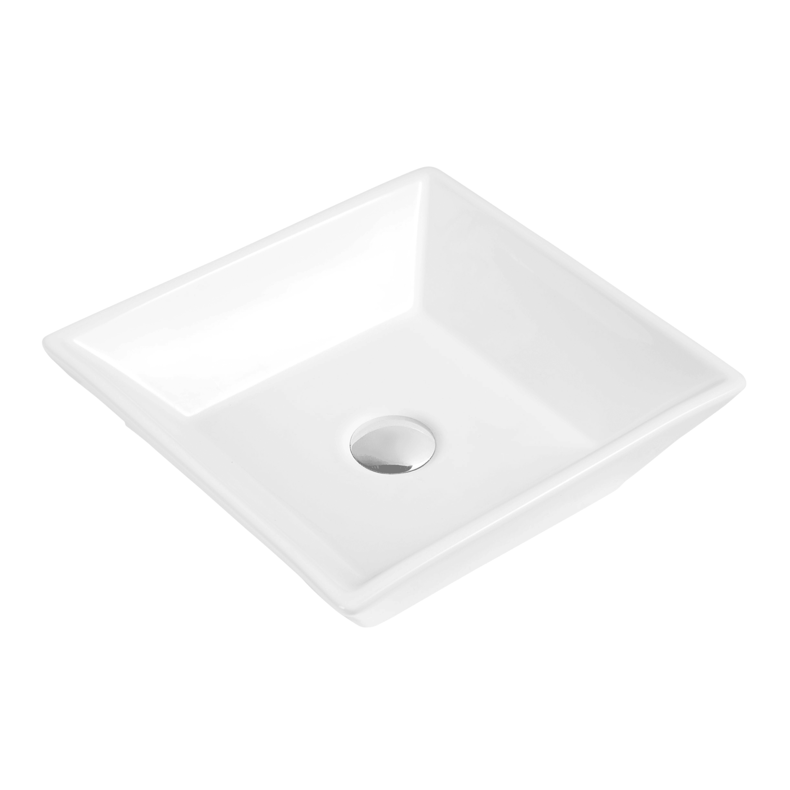 Square white ceramic sink with a central drain.