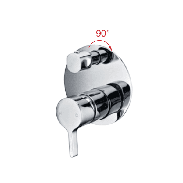 Shower mixer with 90-degree rotation handle, chrome finish.