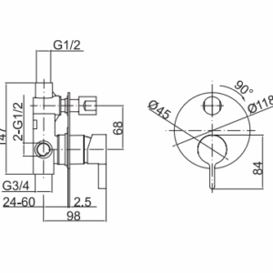 Technical diagram of a plumbing valve with measurements.