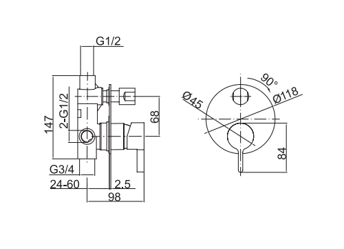 Technical diagram of a plumbing valve with measurements.