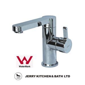 Chrome kitchen faucet with WaterMark certification, Jerry Kitchen & Bath Ltd logo.