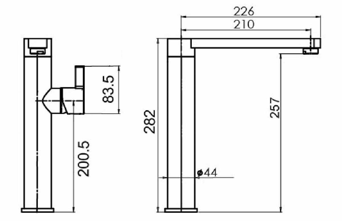 Technical drawing of a kitchen faucet with dimensions.