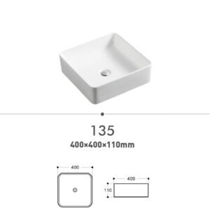 Square white ceramic sink with dimensions 400x400x110mm.