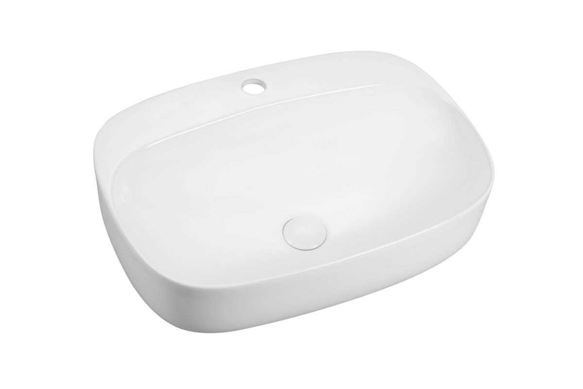 White rectangular ceramic bathroom sink with overflow hole.