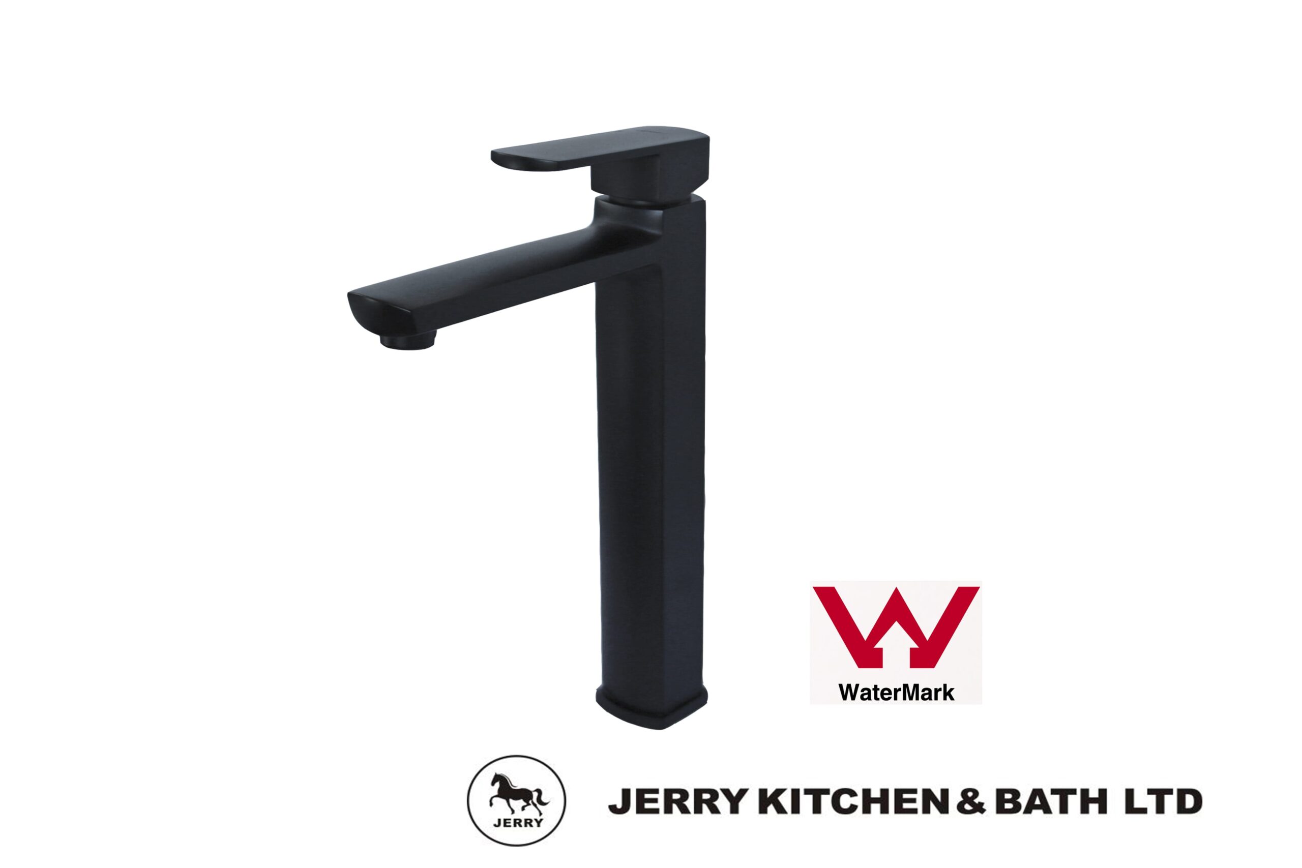 Black faucet with Jerry Kitchen & Bath Ltd logo and WaterMark certification.