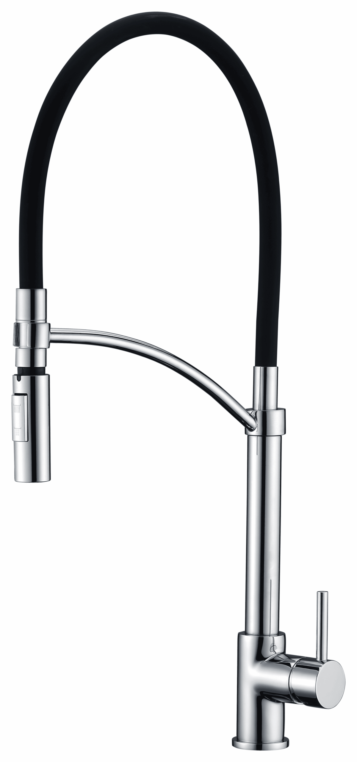 Modern kitchen faucet with high-arc black silicone hose and chrome base with pull-down spray