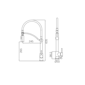 Technical drawing of a kitchen faucet with dimensions.