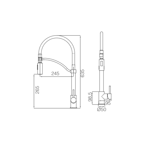 Technical drawing of a kitchen faucet with dimensions.