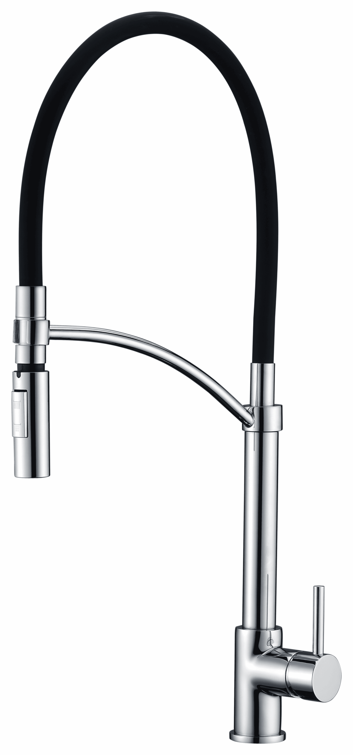 Modern kitchen faucet with high-arc black silicone hose and chrome base with pull-down spray