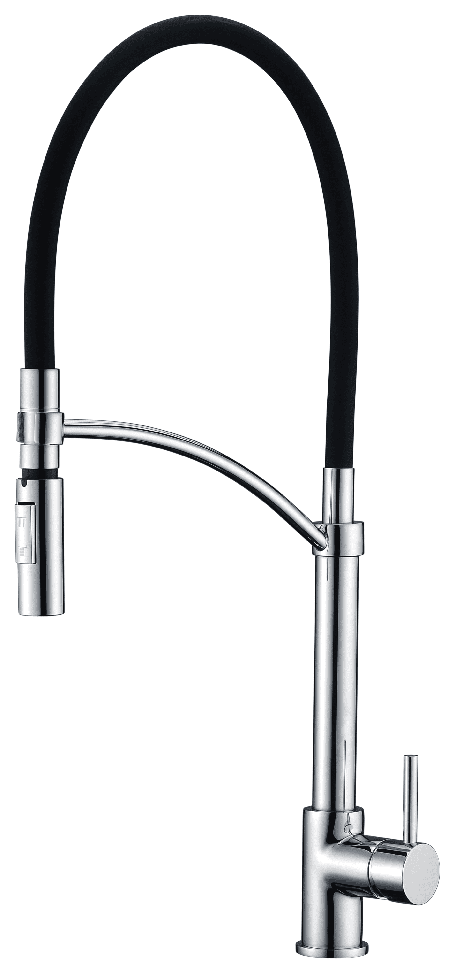 Modern kitchen faucet with high-arc black silicone hose and chrome base with pull-down spray