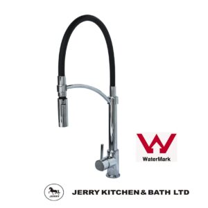 Chrome kitchen faucet with black hose, WaterMark logo, Jerry Kitchen & Bath Ltd branding.