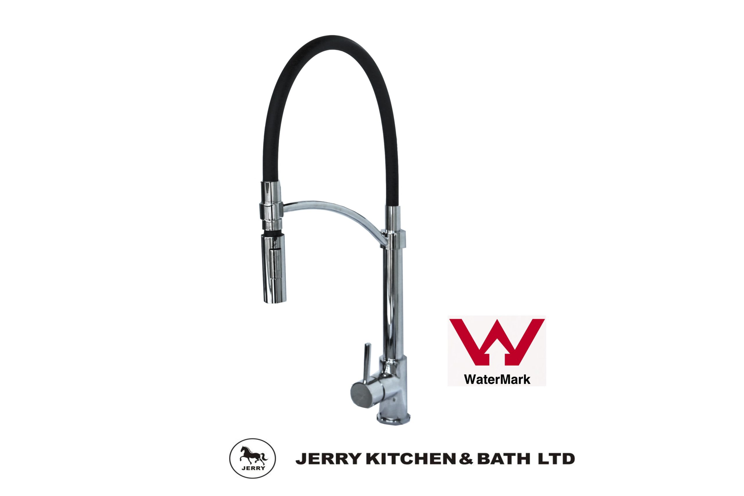 Chrome kitchen faucet with black hose, WaterMark logo, Jerry Kitchen & Bath Ltd branding.