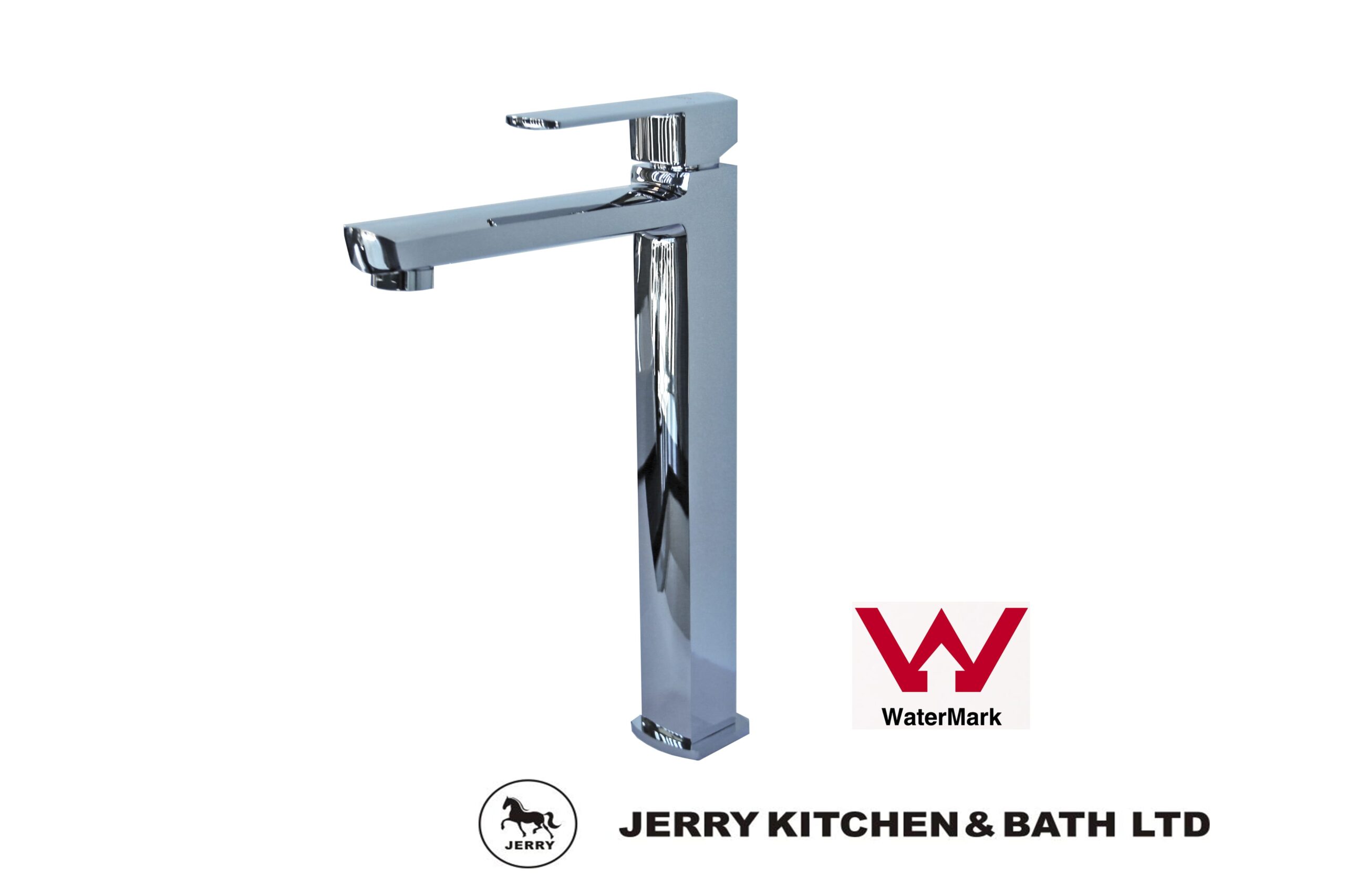 Chrome kitchen faucet with WaterMark logo, Jerry Kitchen & Bath branding.